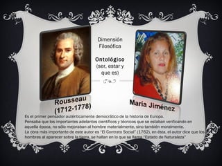 Es el primer pensador auténticamente democrático de la historia de Europa.
Pensaba que los importantes adelantos científicos y técnicos que se estaban verificando en
aquella época, no sólo mejoraban al hombre materialmente, sino también moralmente. 
La obra más importante de este autor es “El Contrato Social” (1762), en ésta, el autor dice que los
hombres al aparecer sobre la tierra, se hallan en lo que se llama “Estado de Naturaleza”
Dimensión
Filosófica
Ontológico
(ser, estar y
que es)
 
