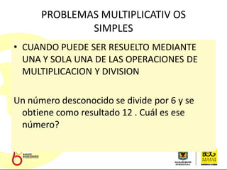 PROBLEMAS MULTIPLICATIV OS
              SIMPLES
• CUANDO PUEDE SER RESUELTO MEDIANTE
  UNA Y SOLA UNA DE LAS OPERACIONES DE
  MULTIPLICACION Y DIVISION

Un número desconocido se divide por 6 y se
 obtiene como resultado 12 . Cuál es ese
 número?
 