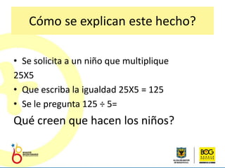 Cómo se explican este hecho?

• Se solicita a un niño que multiplique
25X5
• Que escriba la igualdad 25X5 = 125
• Se le pregunta 125 ÷ 5=
Qué creen que hacen los niños?
 