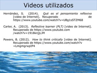 Videos utilizados
Hernández, S. (2014). Qué es el pensamiento reflexivo
[video de Internet]. Recuperado de
https://www.youtube.com/watch?v=UBg1sSTZM68
Carter, A. (2013). Reflective learner (PLT) [video de Internet].
Recuperado de https://www.youtube.com
/watch?v=1918knjjLJM
Powers, B. (2012). How to think critically [video de Internet].
Recuperado de https://www.youtube.com/watch?v
=LmgmgrwpIP4
 