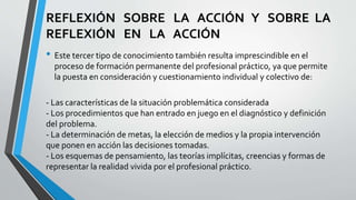 REFLEXIÓN SOBRE LA ACCIÓN Y SOBRE LA
REFLEXIÓN EN LA ACCIÓN
• Este tercer tipo de conocimiento también resulta imprescindible en el
proceso de formación permanente del profesional práctico, ya que permite
la puesta en consideración y cuestionamiento individual y colectivo de:
- Las características de la situación problemática considerada
- Los procedimientos que han entrado en juego en el diagnóstico y definición
del problema.
- La determinación de metas, la elección de medios y la propia intervención
que ponen en acción las decisiones tomadas.
- Los esquemas de pensamiento, las teorías implícitas, creencias y formas de
representar la realidad vivida por el profesional práctico.
 