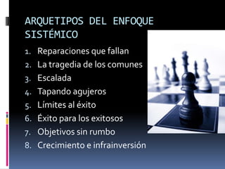 ARQUETIPOS DEL ENFOQUE
SISTÉMICO
1. Reparaciones que fallan
2. La tragedia de los comunes
3. Escalada
4. Tapando agujeros
5. Límites al éxito
6. Éxito para los exitosos
7. Objetivos sin rumbo
8. Crecimiento e infrainversión
 