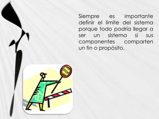 Siempre      es     importante
definir el límite del sistema
porque todo podría llegar a
ser un sistema si sus
componentes        comparten
un fin o propósito.
 