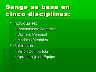 Senge se basa enSenge se basa en
cinco disciplinas:cinco disciplinas:
 Individuales:Individuales:
 Pensamiento SistémicoPensamiento Sistémico
 Dominio PersonalDominio Personal
 Modelos MentalesModelos Mentales
 ColectivosColectivos
 Visión CompartidaVisión Compartida
 Aprendizaje en Equipo.Aprendizaje en Equipo.
 