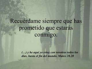 Recuérdame siempre que has prometido que estarás conmigo. (…) y he aquí yo estoy con vosotros todos los días, hasta el fin del mundo. Mateo 28.20 