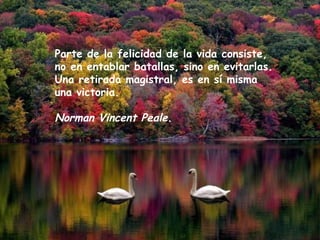 Parte de la felicidad de la vida consiste,  no en entablar batallas, sino en evitarlas.  Una retirada magistral, es en sí misma  una victoria.  Norman Vincent Peale .  