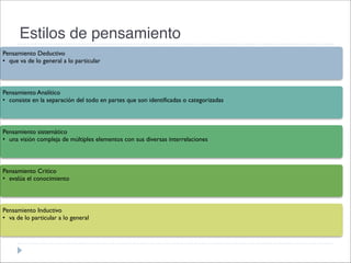 Estilos de pensamiento
Pensamiento Deductivo
• que va de lo general a lo particular
Pensamiento Analítico
• consiste en la separación del todo en partes que son identificadas o categorizadas
Pensamiento sistemático
• una visión compleja de múltiples elementos con sus diversas interrelaciones
Pensamiento Critico
• evalúa el conocimiento
Pensamiento Inductivo
• va de lo particular a lo general
 