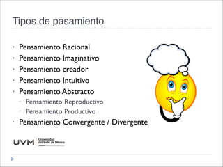 Tipos de pasamiento

• Pensamiento Racional
• Pensamiento Imaginativo
• Pensamiento creador
• Pensamiento Intuitivo
• Pensamiento Abstracto
• Pensamiento Reproductivo
• Pensamiento Productivo
• Pensamiento Convergente / Divergente
 