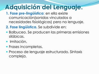 Adquisición del Lenguaje.
1. Fase pre-lingüística: en ella existe
  comunicación(sonidos vinculados a
  necesidades fisiológicas) pero no lenguaje.
2. Fase lingüística. Se subdivide en:
 Balbuceo. Se producen las primeras emisiones
  silábicas.
 Imitación.
 Frases incompletas.
 Proceso de lenguaje estructurado. Sintaxis
  compleja.
 