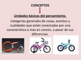 CONCEPTOS

     Unidades básicas del pensamiento.
  Categorías generales de cosas, eventos y
  cualidades que están conectadas por una
característica o mas en común, a pesar de sus
                  diferencias.
 