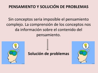PENSAMIENTO Y SOLUCIÓN DE PROBLEMAS

 Sin conceptos seria imposible el pensamiento
complejo. La comprensión de los conceptos nos
     da información sobre el contenido del
                pensamiento.



           Solución de problemas
 