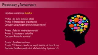 Pensamiento y Razonamiento
Ejemplo de razonamiento deductivo
Premisa 1: los puros contienen tabaco
Premisa 2: El tabaco es de origen natural.
Conclusión: Los puros contienen un producto natural
Premisa 1: Todos los hombres son mortales
Premisa 2: Aristóteles es un hombre
Conclusión: Aristóteles es mortal
Premisa 1: Daniela está enferma
Premisa 2: Si Daniela está enferma, no podrá asistir a la fiesta de hoy.
Conclusión: Daniela no podrá asistir a la fiesta de hoy. (ligeder.com, s/f)
 