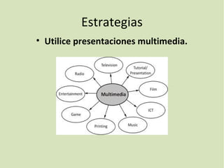 Estrategias
• Utilice presentaciones multimedia.
 