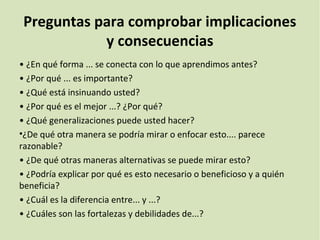 Preguntas para comprobar implicaciones
y consecuencias
• ¿En qué forma ... se conecta con lo que aprendimos antes?
• ¿Por qué ... es importante?
• ¿Qué está insinuando usted?
• ¿Por qué es el mejor ...? ¿Por qué?
• ¿Qué generalizaciones puede usted hacer?
•¿De qué otra manera se podría mirar o enfocar esto.... parece
razonable?
• ¿De qué otras maneras alternativas se puede mirar esto?
• ¿Podría explicar por qué es esto necesario o beneficioso y a quién
beneficia?
• ¿Cuál es la diferencia entre... y ...?
• ¿Cuáles son las fortalezas y debilidades de...?
 