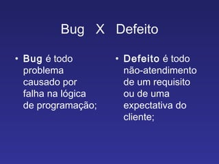 Bug  X  Defeito Bug  é todo problema causado por falha na lógica de programação; Defeito  é todo não-atendimento de um requisito ou de uma expectativa do cliente; 