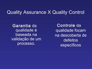 Quality Assurance X Quality Control Garantia  da qualidade é baseada na validação de um processo. Controle  da qualidade focam na descoberta de defeitos específicos 