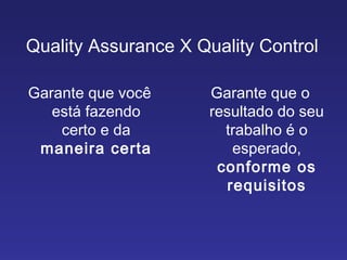 Quality Assurance X Quality Control Garante que você está fazendo certo e da  maneira certa Garante que o resultado do seu trabalho é o esperado,  conforme os requisitos 