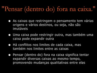 • As caixas que restringem o pensamento tem várias
origens e vários destinos, ou seja, não são
imutáveis
• Uma caixa pode restringir outra, mas também uma
caixa pode expandir outra
• Há conflitos nos limites de cada caixa, mas
também nos limites entre as caixas
• Pensar (dentro do) fora na caixa significa tentar
expandir diversas caixas ao mesmo tempo,
promovendo mudanças qualitativas entre elas
"Pensar (dentro do) fora na caixa."
 