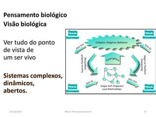 Pensamento biológico
Visão biológica

Ver tudo do ponto
de vista de
um ser vivo




 23/10/2011         Maria Thereza do Amaral   15
 