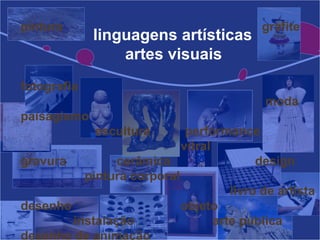 pintura                                    grafite
             linguagens artísticas
                 artes visuais
fotografia
                                            moda
paisagismo
             escultura      performance
                           vitral
gravura         cerâmica                  design
          pintura corporal
                                     livro de artista
desenho                    objeto
        instalação                arte pública
desenho de animação
 
