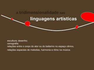 A tridimensionalidade nas

                     linguagens artísticas



escultura; desenho;
cenografia;
relações entre o corpo do ator ou do bailarino no espaço cênico,
relações espaciais de melodias, harmonia e ritmo na música.
 