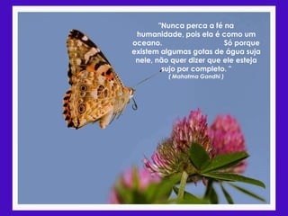 "Nunca perca a fé na
 humanidade, pois ela é como um
oceano.                   Só porque
existem algumas gotas de água suja
 nele, não quer dizer que ele esteja
         sujo por completo. "
          ( Mahatma Gandhi )
 