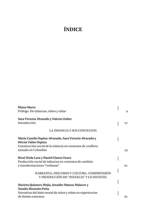 Diana Marre
Prólogo. De infancias, niños y niñas	 9
Sara Victoria Alvarado y Valeria Llobet
Introducción	 27
La infancia y sus contextos
María Camila Ospina-Alvarado, Sara Victoria Alvarado y
Héctor Fabio Ospina
Construcción social de la infancia en contextos de conflicto
armado en Colombia	 35
René Unda Lara y Daniel Llanos Erazo
Producción social de infancias en contextos de cambios
y transformaciones “rurbanas”	 61
Narrativa, discurso y cultura. Comprensión
y producción de “infancia” y lo infantil
Marieta Quintero Mejía, Jennifer Mateus Malaver y
Natalia Montaño Peña
Narrativas del daño moral de niños y niñas en experiencias
de límites extremos	 81
Índice
 