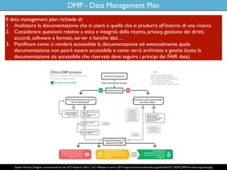 DMP - Data Management Plan
Il data management plan richiede di:
1. Analizzare la documentazione che si userà e quella che ...