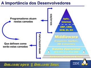A Importância dos Desenvolvedores Sistema Operacional Web, Mail, File, Print, DNS ERP, CRM, SCM, BI, RH Aplic. Internas Middleware Groupware, AppServ, DB, Connectors Hardware || Hardware Virtual SOLUÇÕES Programadores atuam nestas camadas INFRA-ESTRUTURA Que definem como serão estas camadas 