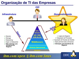 Organização de TI das Empresas Infraestrutura Servers Storage Networking Ação no Datacenter Não interage com Iniciativas de Negócio Desenvolvimento Lógica de Negócio Integração de Processos Aquisição de Pacotes de Gestão Ação permeia toda a Empresa Interação com Iniciativas de Negócio Sistema  Operacional ERP, CRM, SCM, BI, RH Aplic. Internas Middleware Hardware Opera Define Cria CIO 