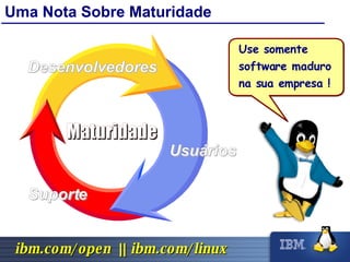 Uma Nota Sobre Maturidade Desenvolvedores Usuários Suporte Maturidade Use somente software maduro na sua empresa ! 