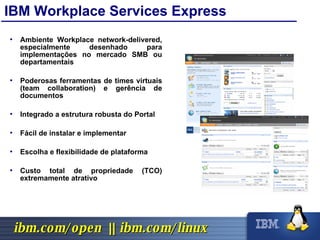 Ambiente Workplace network-delivered, especialmente desenhado para implementações no mercado SMB ou departamentais Poderosas ferramentas de times virtuais (team collaboration) e gerência de documentos Integrado a estrutura robusta do Portal Fácil de instalar e implementar Escolha e flexibilidade de plataforma Custo total de propriedade (TCO) extremamente atrativo IBM Workplace Services Express 