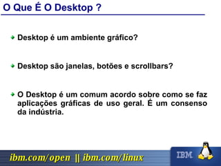 O Que É O Desktop ? Desktop é um ambiente gráfico? Desktop são janelas, botões e scrollbars? O Desktop é um comum acordo sobre como se faz aplicações gráficas de uso geral. É um consenso da indústria. 