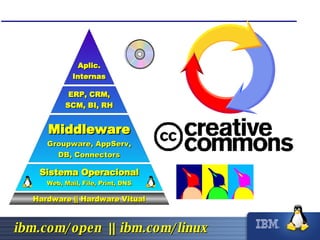 Sistema Operacional Web, Mail, File, Print, DNS ERP, CRM, SCM, BI, RH Aplic. Internas Middleware Groupware, AppServ, DB, Connectors Hardware || Hardware Vitual 