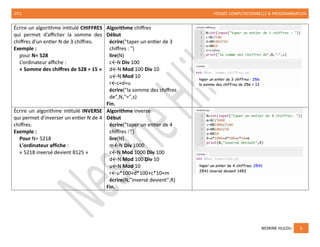 2TI1 PENSÉE COMPUTATIONNELLE & PROGRAMMATION
NESRINE HLILOU 6
Écrire un algorithme intitulé CHIFFRES
qui permet d’afficher la somme des
chiffres d’un entier N de 3 chiffres.
Exemple :
pour N= 528
L’ordinateur affiche :
« Somme des chiffres de 528 = 15 »
Algorithme chiffres
Début
écrire("taper un entier de 3
chiffres : ")
lire(N)
c←N Div 100
d←N Mod 100 Div 10
u←N Mod 10
r←c+d+u
écrire("la somme des chiffres
de",N,"=",s)
Fin.
Écrire un algorithme intitulé INVERSE
qui permet d’inverser un entier N de 4
chiffres.
Exemple :
Pour N= 5218
L’ordinateur affiche :
« 5218 inversé devient 8125 »
Algorithme inverse
Début
écrire("taper un entier de 4
chiffres : ")
lire(N)
m←N Div 1000
c←N Mod 1000 Div 100
d←N Mod 100 Div 10
u←N Mod 10
r←u*100+d*100+c*10+m
écrire(N,"inversé devient",R)
Fin.
 