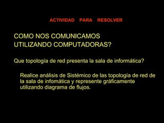COMO NOS COMUNICAMOS
UTILIZANDO COMPUTADORAS?
Que topología de red presenta la sala de informática?
Realice análisis de Sistémico de las topología de red de
la sala de infomática y represente gráficamente
utilizando diagrama de flujos.
ACTIVIDAD PARA RESOLVER
 