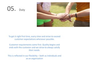 05. Duty
To get it right first time, every time and strive to exceed
customer expectations whenever possible.
Customer requirements come first. Quality begins and
ends with the customer and we strive to always satisfy
their needs.
This is reflected in our flexibility – both as individuals and
as an organization
 