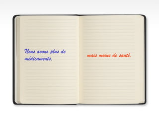 Nous avons plus de
                     mais moins de santé.
médicaments,
 