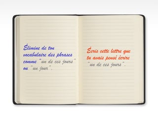 Élimine de ton
vocabulaire des phrases
comme “un de ces jours”
ou “un jour”.
Écris cette lettre que
tu avais pensé écrire
“un de ces jours”.
 