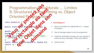 9. Structured Programming vs. Object
Oriented Programming
11
class Geometrie {
public static void main(String[] args) {
double a = 4.0;
double b = 2.0;
System.out.println("Surface du rectangle :
"+ surface(a, b));
}
static double surface(double a, double b){
return (a * b);
}
}
• Vos Critiques !!!
1. Noms de variables non significatifs a, b -> largeur
et longueur
2. Seul le message indique le sens du programme
3. Code Non réutilisable exemple si je veux calculer la
surface de deux rectangles ? Mise à jour difficile
4. Centré calculs
Programmation Procédurale … Limites
 