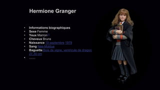 24
• Informations biographiques
• Sexe Femme
• Yeux Marron[1]
• Cheveux Bruns
• Naissance 19 septembre 1979
• Sang Née-Moldue
• Baguette Bois de vigne, ventricule de dragon,
27,30 cm
• ……
Hermione Granger
 