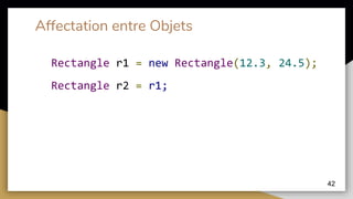 Affectation entre Objets
Rectangle r1 = new Rectangle(12.3, 24.5);
Rectangle r2 = r1;
42
 