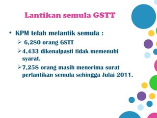 Lantikan semula GSTT

• KPM telah melantik semula :
   6,280 orang GSTT
  4,433 dikenalpasti tidak memenuhi
   syarat.
  7,258 orang masih menerima surat
   perlantikan semula sehingga Julai 2011.
 