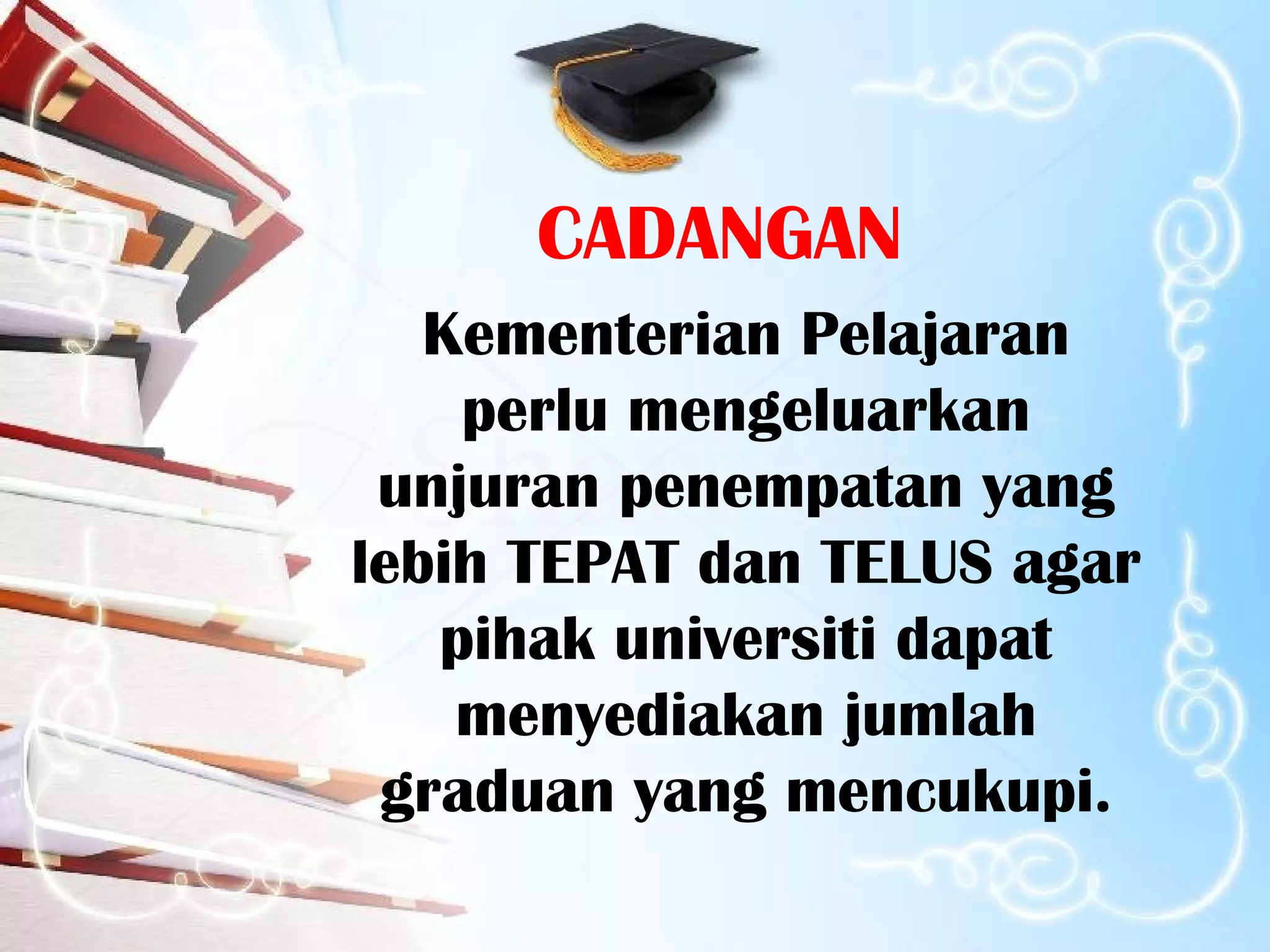 CADANGAN
   Kementerian Pelajaran
    perlu mengeluarkan
 unjuran penempatan yang
lebih TEPAT dan TELUS agar
   pihak universiti dapat
    menyediakan jumlah
 graduan yang mencukupi.
 
