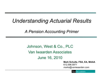 Understanding Actuarial Results A Pension Accounting Primer Johnson, West & Co., PLC Van Iwaarden Associates June 16, 2010 Mark Schulte, FSA, EA, MAAA 612.596.5971 [email_address] 