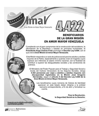 19




                                                                                                       G-20004076-9
                                                                  4.422
                                                              BENEFICIARIOS
                                                          DE LA GRAN MISIÓN
                                                   EN AMOR MAYOR VENEZUELA
                           Cumpliendo con el gran compromiso de la construcción del socialismo, la
                           refundación de la República y basado en principios humanistas, el
                           Presidente Hugo Chávez Frías promulgó el Decreto Ley 8.694, con el
                           que creó la Gran Misión en Amor Mayor Venezuela.

                            Esta Misión responde a un acto de justicia social para los adultos y adultas
                            mayores de la Patria, especialmente a quienes viven en hogares cuyos
                             ingresos son inferiores al salario mínimo nacional, con la finalidad de
                              contribuir a superar las desigualdades sociales y las condiciones de
                               pobreza.

                                 El Ministerio del Poder Popular para el Trabajo y Seguridad Social a
                                  través del Instituto Venezolano de los Seguros Sociales, otorga
                                   4.422 pensiones por vejez a adultos y adultas mayores con
                                     discapacidad registrados en la Misión José Gregorio
                                      Hernández, según el artículo 5 del Decreto Ley 8.694 de la
                                       Gran Misión en Amor Mayor Venezuela.

                                         Los beneficiarios cuyos números de Cédula de Identidad
                                          aparecen en este listado deben dirigirse a la entidad
                                            bancaria correspondiente, a fin de abrir y formalizar su
                                              cuenta.


                                                                              Para la Revolución,
                                                                la Seguridad Social es tu Derecho.

Recuerda que los trámites ante el IVSS
son totalmente gratuitos


Gobierno Bolivariano
de Venezuela
 
