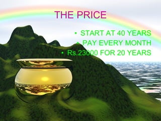 THE PRICE START AT 40 YEARS PAY EVERY MONTH Rs.23000 FOR 20 YEARS 