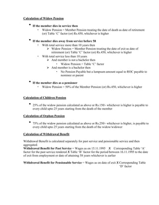 Calculation of Widow Pension
•If the member dies in service then
• Widow Pension = Member Pension treating the date of death as date of retirement
(or) Table ‘C’ factor (or) Rs.450, whichever is higher
•If the member dies away from service before 58
• With total service more than 10 years then
Widow Pension = Member Pension treating the date of exit as date of
retirement (or) Table ‘C’ factor (or) Rs.450, whichever is higher
• With total service less than 10 years
And member is not a bachelor then
• Widow Pension = Table ‘C’ factor
And member is a bachelor then
• No Pension Payable but a lumpsum amount equal to ROC payable to
nominee or parent
•If the member dies as a pensioner
• Widow Pension = 50% of the Member Pension (or) Rs.450, whichever is higher
Calculation of Children Pension
•25% of the widow pension calculated as above or Rs.150/- whichever is higher is payable to
every child upto 25 years starting from the death of the member
Calculation of Orphan Pension
•75% of the widow pension calculated as above or Rs.250/- whichever is higher, is payable to
every child upto 25 years starting from the death of the widow/widower
Calculation of Withdrawal Benefit
Withdrawal Benefit is calculated separately for past service and pensionable service and then
aggregated.
Withdrawal Benefit for Past Service = Wages as on 15.11.1995 X Corresponding Table ‘A’
factor for the past service rendered X Table ‘B’ factor for the period between 16.11.1995 to the date
of exit from employment or date of attaining 58 years whichever is earlier
Withdrawal Benefit for Pensionable Service = Wages as on date of exit X Corresponding Table
‘D’ factor
 