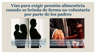 Vías para exigir pensión alimenticia
cuando se brinda de forma no voluntaria
por parte de los padres
Extrajudicial: Los progenitores pueden llegar a un acuerdo
en cuanto al monto de la pensión alimenticia hijos, sin
necesidad de acudir a un juez.
Judicial: la justicia dispone de medidas para obligar a que
se efectúe el pago de la pensión alimenticia hijos. Las
mismas van desde una citación intimatoria, hasta la prisión.
 