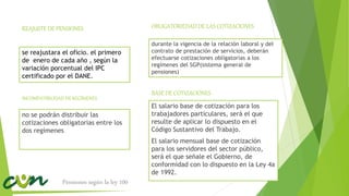 OBLIGATORIEDAD DE LAS COTIZACIONES
se reajustara el oficio. el primero
de enero de cada año , según la
variación porcentual del IPC
certificado por el DANE.
INCOMPATIBILIDAD DE REGÍMENES
no se podrán distribuir las
cotizaciones obligatorias entre los
dos regímenes
REAJUSTE DE PENSIONES
BASE DE COTIZACIONES
durante la vigencia de la relación laboral y del
contrato de prestación de servicios, deberán
efectuarse cotizaciones obligatorias a los
regímenes del SGP(sistema general de
pensiones)
El salario base de cotización para los
trabajadores particulares, será el que
resulte de aplicar lo dispuesto en el
Código Sustantivo del Trabajo.
El salario mensual base de cotización
para los servidores del sector público,
será el que señale el Gobierno, de
conformidad con lo dispuesto en la Ley 4a
de 1992.
Pensiones según la ley 100
 